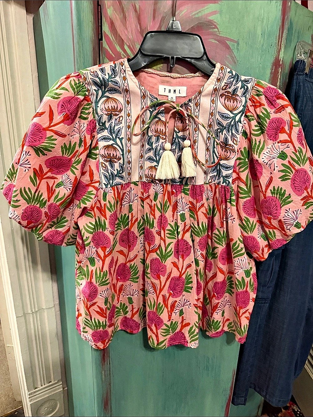 M Floral Tassel Blouse in Pink & Green Like New